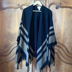 ANTHROPOLOGIE Hinge Black and Tan Striped Open Sweater Fringe Poncho